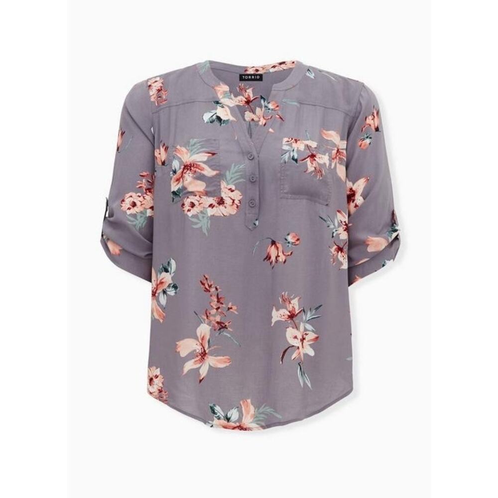 Torrid Harper Challis Pullover Blouse Women’s 2 2X 18/20 Slate Grey Floral Top